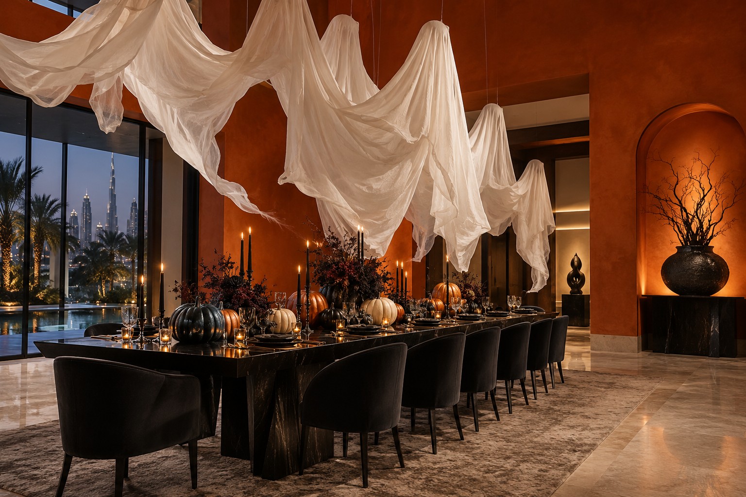 Halloween dining installation with floating ghost decorations